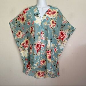 Emory Park Floral Kimono Top Blue pink size small cover up duster cottage core